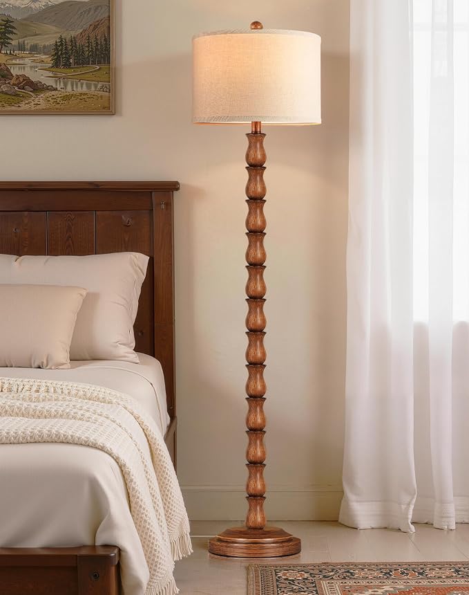 63.5" Rustic Floor Lamp for Living Room, Farmhouse Floor Lamp with Rotary Switch & Linen Shade, Vintage Resin Tall Standing Lamp for Bedroom Corner Office Home Decor, Light Walnut (LED Bulb Included)