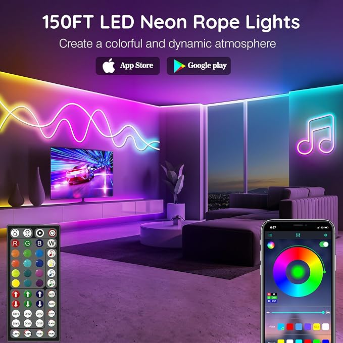 AILBTON 150Ft Neon Rope Lights,Flexible Led Rope Lights Control with App/Remote,Multiple Modes Music Sync Gaming RGB Led Neon Lights for Bedroom Outdoor