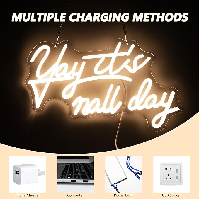 Yay It's Nail Day - White Neon Sign for Wall Decor, LED Salon Nail Tech Decor Aesthetic Light Gift