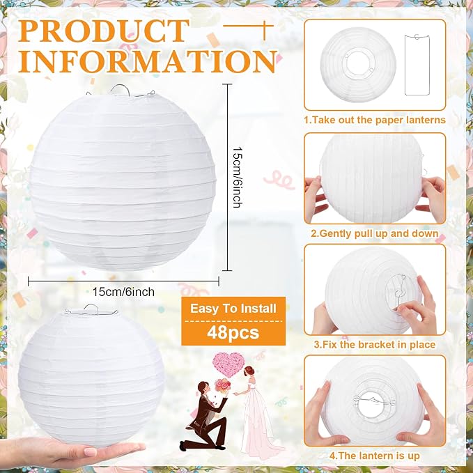 Treela 48 Pack White Chinese Japanese Paper Lanterns Decorative Hanging Round Paper Lantern Lamps for Wedding Birthday Party Decorations (6 Inch)
