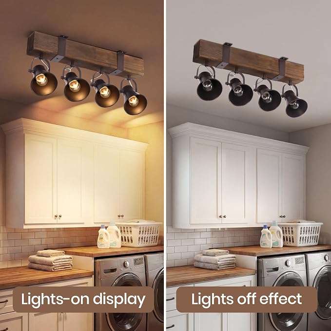 4 Light Semi Flush Mount Ceiling Light, Farmhouse Wooden Track Lighting Fixtures Ceiling, Rustic Kitchen Lights Ceiling for Island Dining Room Living Room.