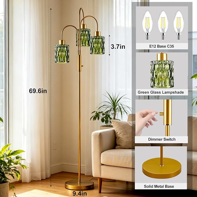 70" Glass Floor Lamp, 3-Light Gold Dimmable Standing Tall Lamp with Green Ribbed Glass Shades &3PCS 3000K Warm White Bulbs, Modern Tree Pole Lamp for Living Room Bedroom Home Decor