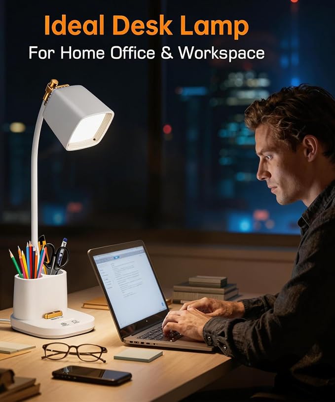 LED Desk Lamps for Home Office with Charger, Organizer, Desk Light Table Lamp for Bedroom, Study, Reading, Work, Nail, Gooseneck Small Desk Lamp for Artist, Puzzle, Drawing, Eye-Caring LED Office Lamp