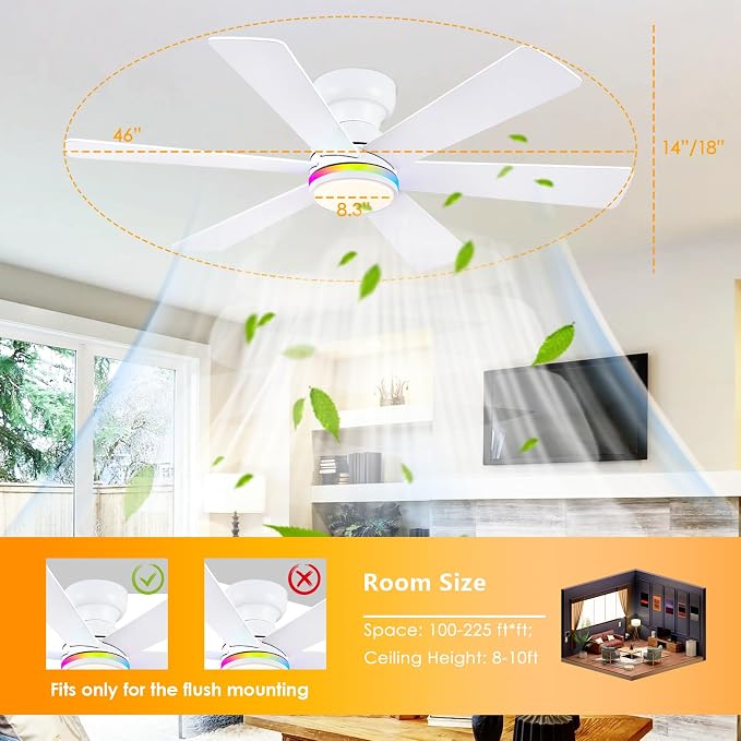 46" 6-Blade White Low Profile RGB Ceiling Fan with Light and Remote/APP | 11 RGB Modes,Reversible 6 Wind Speeds,Dimmable 3 CCT LED, 25W Quiet DC Motor,Timer,6 Double-Sided Blades,for Bedroom Party