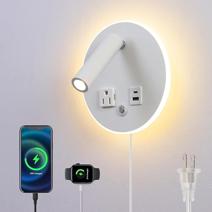 LED Round Wall Lamp Dimming Wall Mounted Reading Lights, Adjustable Headboard Plug in Wall Sconce with USB+USB C Ports, Headboard Bedside Lamp with 6W+3W Night Light 3000K (White)