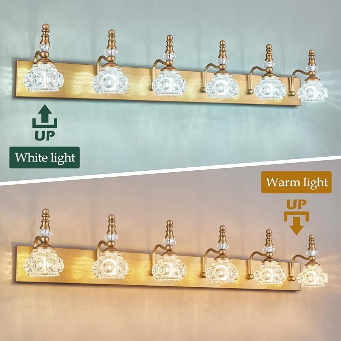 Modern Glass Crystal Vanity Light - Vintage Bathroom Lighting Fixtures Over Mirror, 6 Light Vanity Lights G9 Bulb (43.3 Inch,Brass)