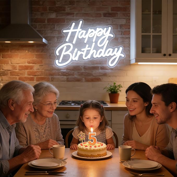 Happy Birthday Neon Sign for Wall Decor, LED Happy Birthday Light Up Sign, Dimmable Happy Birthday Neon Lights for Backdrop All Birthday Party Decoration, USB Powered White