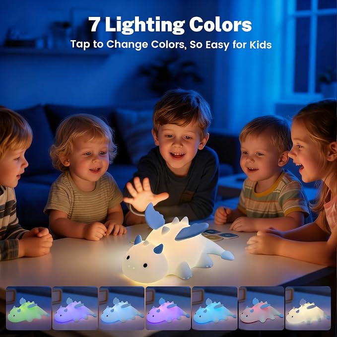 AVEKI Blue Dragon Night Light, Cute Baby Dragon Lamp Gifts for Kids Boys Girls, 10 Modes Dimmable Squishy Silicone Nursery Nightlight, Rechargeable Kids Lamp with Auto Off Timer