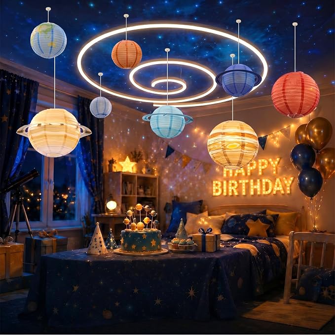 VioraWhite 9 Pcs Space Celing Decoration for Classroom 8 Paper Lanterns with 16.4 ft Battery String Light Outer Space Themed Hanging Party Decoration Solar System for Back to School Classroom Room