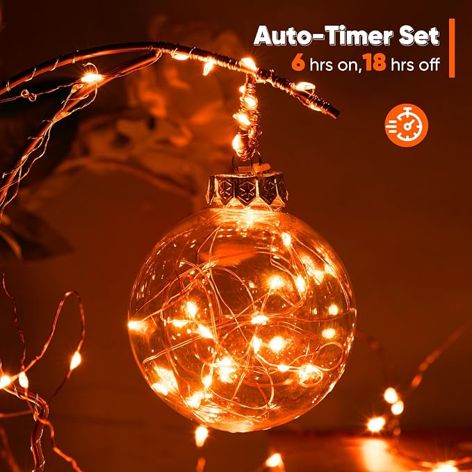 Ariceleo 1 Pack 65.6 Ft. Battery Operated Outdoor String Lights with Remote & Timer, LED Orange Fairy Lights, Waterproof Twinkle Lights for Bedroom, Dorm, Mason Jar, Wedding, Party, Christmas