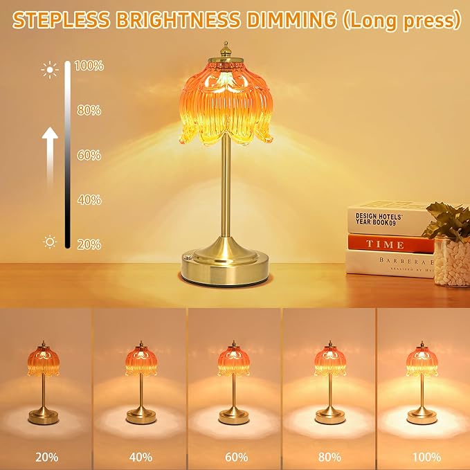 Cordless Table Lamp, Rechargeable Honey Glass Lotus Flower Lamp | 5200mAh touch lamp with 3 color modes and stepless dimming, battery operated lamp for nightstands and kitchen counters
