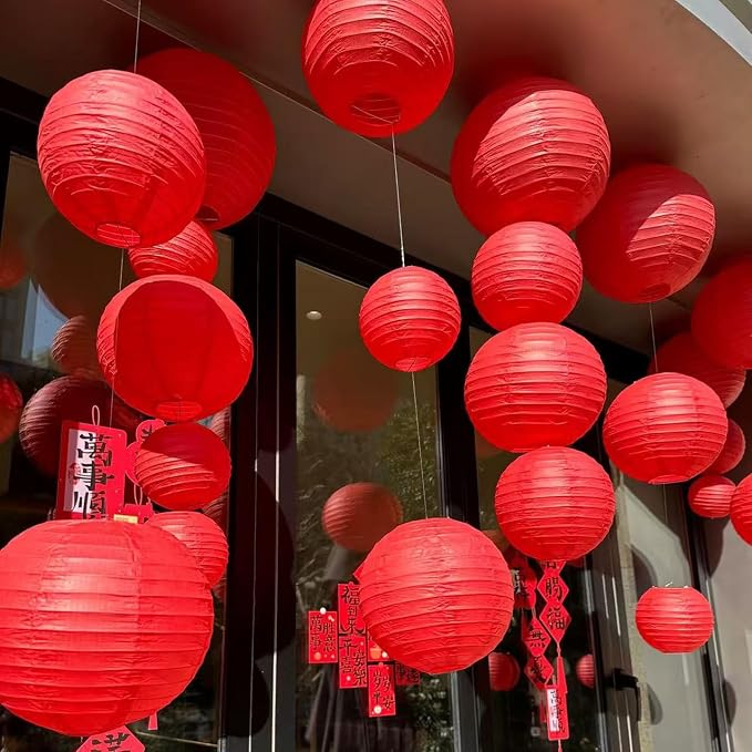 12Pcs 6,8,10,12 Inch Mixed Sizes Red Paper Lanterns Decorative Chinese, Japanese Hanging Round Paper Lanterns Lamp for Birthday, Wedding, Christmas, Bridal, Home Decor, Party Decoration