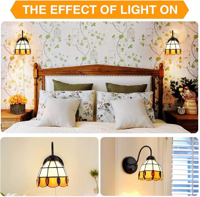 Tiffany Dimmable Wall Mount Lamp, Industrial Vintage Gooseneck Wall Sconce Lighting with Plug in Cord and Switch for Bedroom Nightstand, Living Room