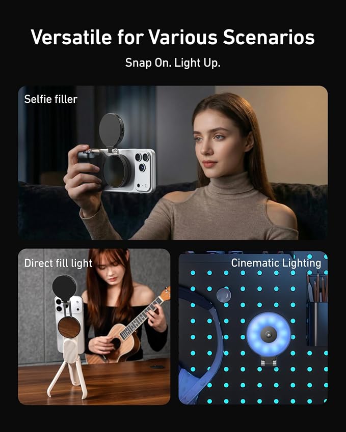 TELESIN Upgraded 4-in-1 Magnetic RGB Selfie Ring Light with Mirror & Phone Stand, Rechargeable Portable Clip On Fill Light for iPhone Samsung TikTok, Vlogging, Makeup, Photography, Streaming (Black)