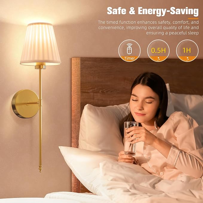 Battery Operated Wall Sconce Set of 2,Beige-Gold Rechargeable Wall Lights with 10400mAh Dimmable Bulbs and Remote, 9 Colors Wireless Wall Lamps for Bedroom Living Room Hallway