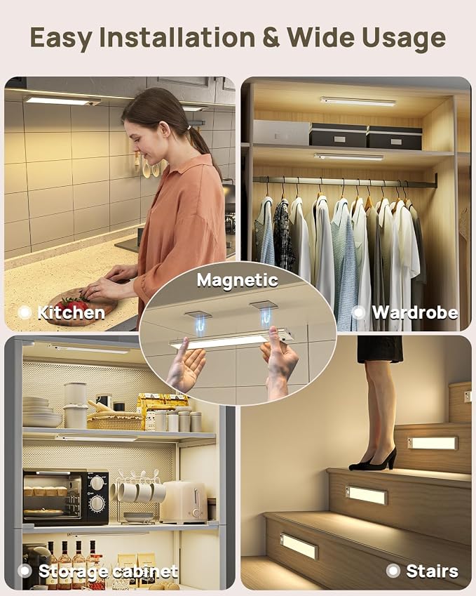 8 Pack Under Cabinet Lighting Rechargeable 12” Motion Sensor Light Indoor | 2500mAh Closet Lights Wireless, 3 Color Temps & Dimmable, Timer, Magnetic Under Counter Lights for Kitchen, Wardrobe, Stairs