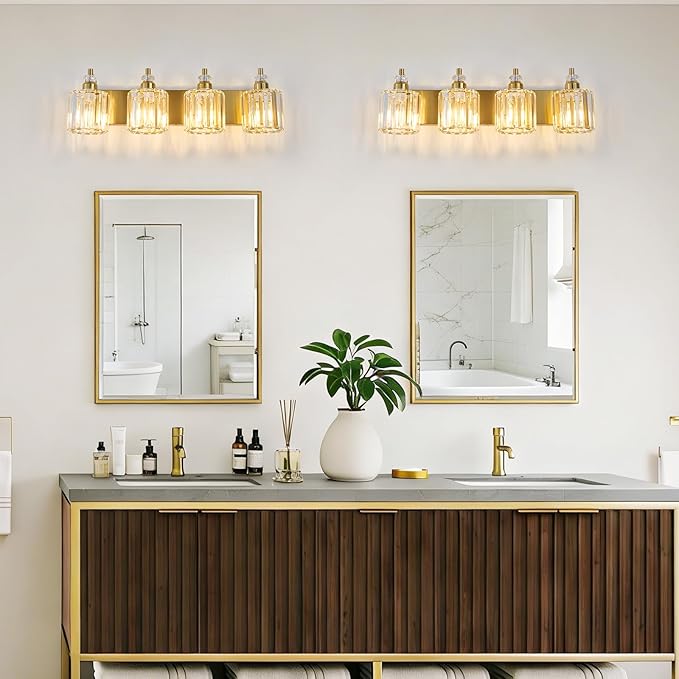 4-Light Brushed Brass Bathroom Light Fixtures Modern Vanity Lights Over Mirror Gold Bathroom Vanity Lighting with Crystal Shade E26 Base Wall Sconce for Bedroom Living Room Restroom Wall Lamp