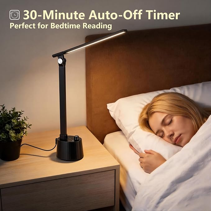 BOHON Small Desk Lamp with USB C Charging Port 5 Colors Stepless Dim Black | Reading Light Space-Saving Rotating Head Desk Lamp for Home Office College Dorm Room Bedside Table Bedroom