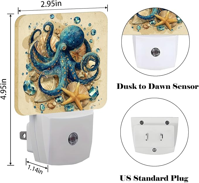 Blue Octopus Night Light,Shell Starfish Plug-in Night Lights with Dusk to Dawn Sensor for Stairway,Hallway,Bedroom Sleep Friendly Ideal for Women/Girls/Boys Gift,0.5w