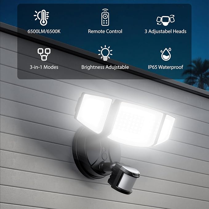 iMaihom 65W Outdoor Motion Sensor Light, Hardwired LED Security Flood Light | 6500LM, 6500K, Remote Control, Dusk to Dawn Mode, Dimming, IP65 Waterproof Floodlight for Garage, Driveway, Porch, 2 Pack