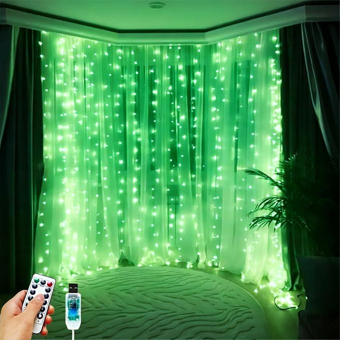 300 LED Fairy Curtain Lights, 9.8 x 9.8FT Green USB Plug in 8 Modes Hanging Lights with Remote for Christmas, Bedroom, Indoor, Outdoor, Weddings, Party (Green)