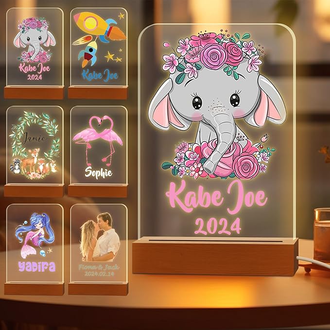 Personalized Night Light for Kids Custom Engraved Name Acrylic LED Lights with Wood Base for Nursery Bedroom Decor Night Lamp, Customized Birthday Gifts for Girls,Elephant