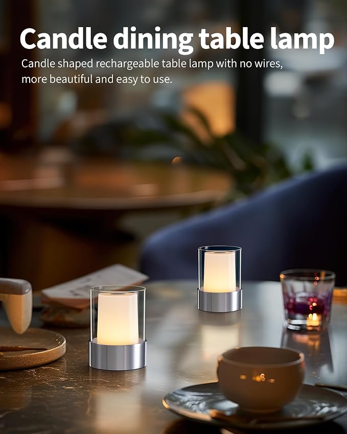 4" Chrome Cordless Table Lamp 2 Pack, Outdoor Rechargeable Lamp | LED, Battery Operated, Portable, Touch Night Light for Dining Room, Camping, Bar, Party, Bedside, Bedroom, Home Decor, Gift