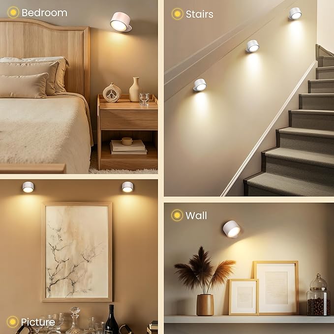 Wall Mounted Lamp LED Wall Lights with Rechargeable Battery Operated, 3 Color Temperatures & 3 Brightness Levels 360°Rotate Magnetic Ball, Cordless Sconces for Pictures, Bedroom, Reading, White-3 PACK