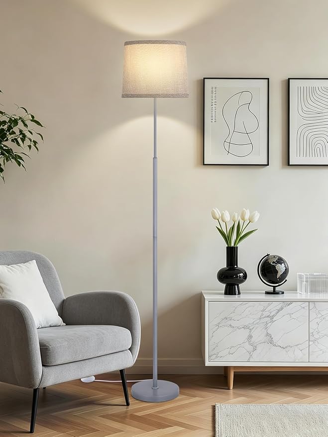 60" Modern Floor Lamp for Living Room Bedroom, Standing Lamp with Oatmeal Linen Lampshade, Tall Lamp with A19 9W 3 Color Temperature Bulb, Foot Switch Control, Silver