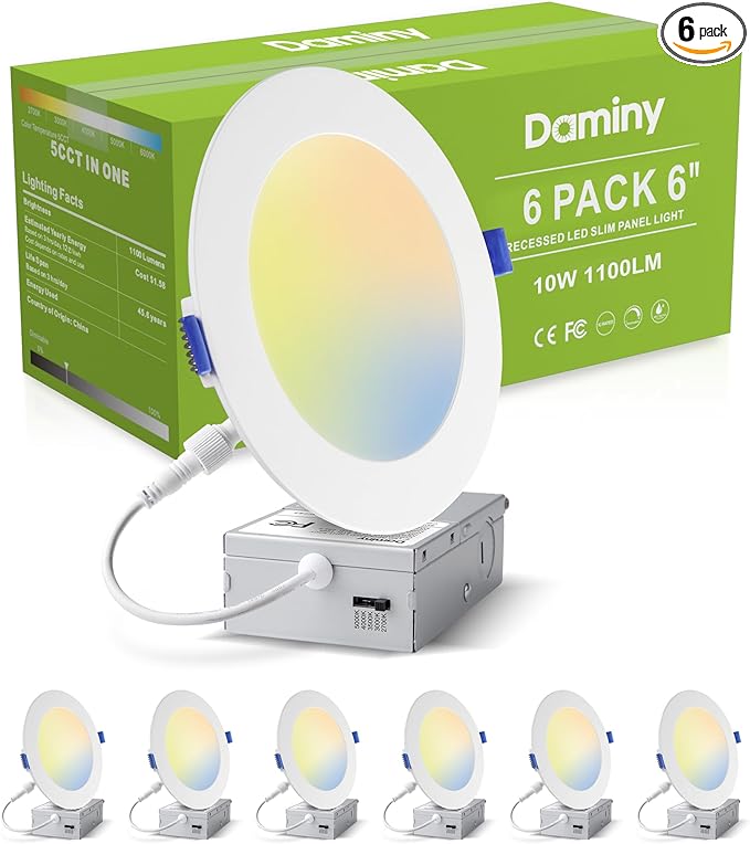 DAMINY 6 Pack 6 Inch LED Recessed Lighting with Junction Box,5CCT,Ultra-Thin Recessed Light,10W 1100LM, Dimmable Canless Wafer Ceiling Light,High Brightness