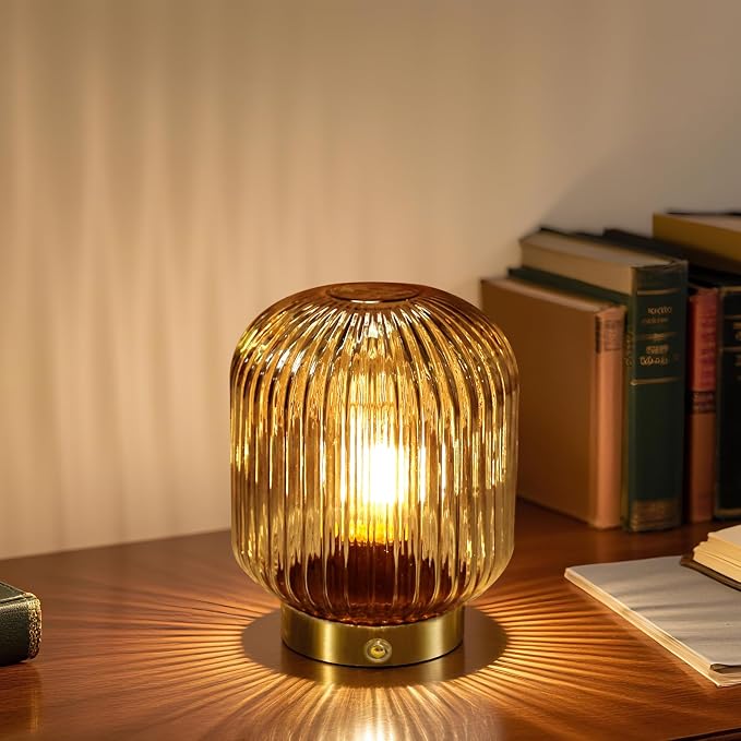 MJ PREMIER Rechargeable Table Lamp, Yellow Glass Lamp with Memory Function, Small Cordless LED Lamp with Dimmable Brightness, Decorative Touch Lamps for Bedroom Living Room (Yellow)