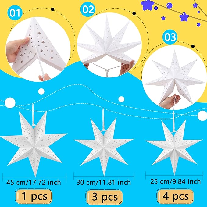 8 Pack 18 Inch/ 12 Inch/ 10 Inch 3D Paper Stars 7 Pointed Hanging Star Lanterns Lampshade Hollow Paper Star Lantern for Christmas Wedding Home Birthday Party Decorations, 3 Size
