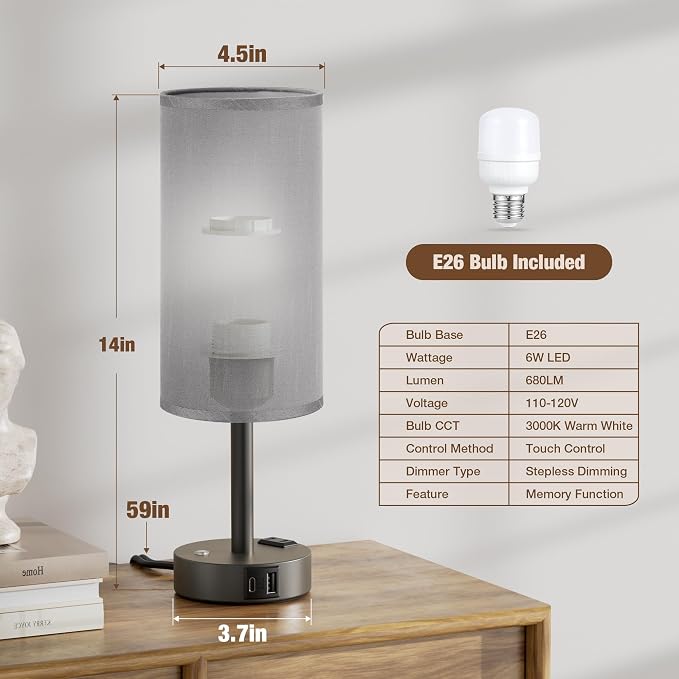 Grey Touch Bedside Lamp for Bedroom, Stepless Dimmable, USB A+C, AC Outlet | Base Touch Button Only, Memory Brightness, Ultra-dim Night Light, Included Bulb for Optimal Dimming, Grey Fabric Shade, Desk