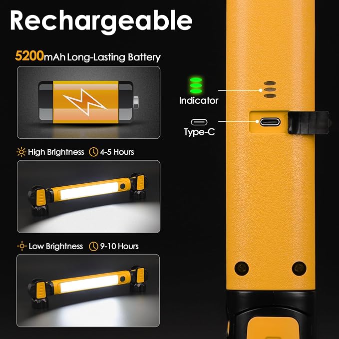 Ropelux Mechanic Work Light Bar with 2500LM 5200mAh Battery, Orange 3 Pcs | 2-Level Brightness, 7500K Cool White, 4-10 Hours Runtime, Magnetic Bases, Hooks, 360° Rotating, Rechargeable, Tool Gift