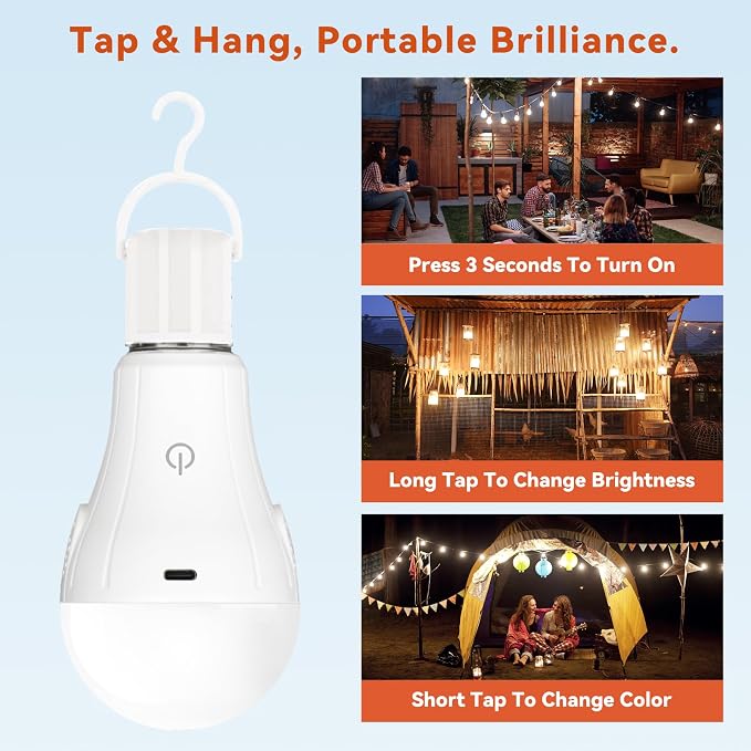 Neporal MagicGlow Rechargeable Light Bulbs with Remote, Memory Mode, 8 Colors Shift + Dimmable Battery Powered Light Bulbs, USB Rechargeable, A19 Emergency LED Bulbs, 15W (2, Rgb-3000-4000-6000k)