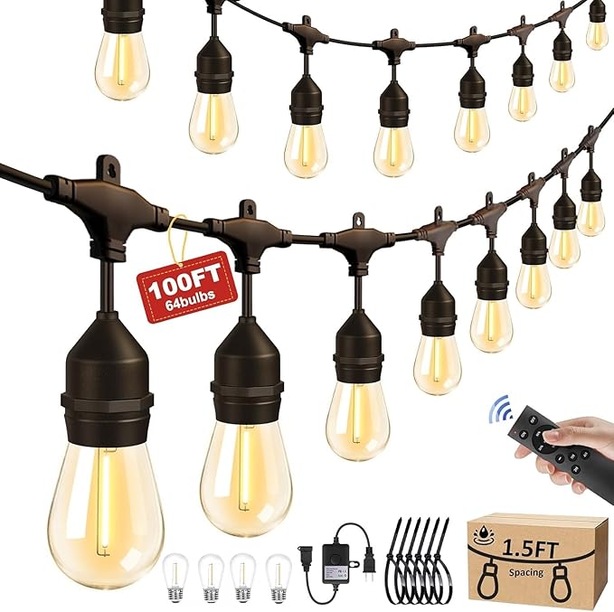 100FT Outdoor String Light 64Bulbs (1.5FT Bulbs Spacing),120W Dimmer Remote | Patio Lights with IP65 Waterproof, Dimmable & Timing & 3 Mode, Connectable, Zipper Ties for Outside Commercial Backyard