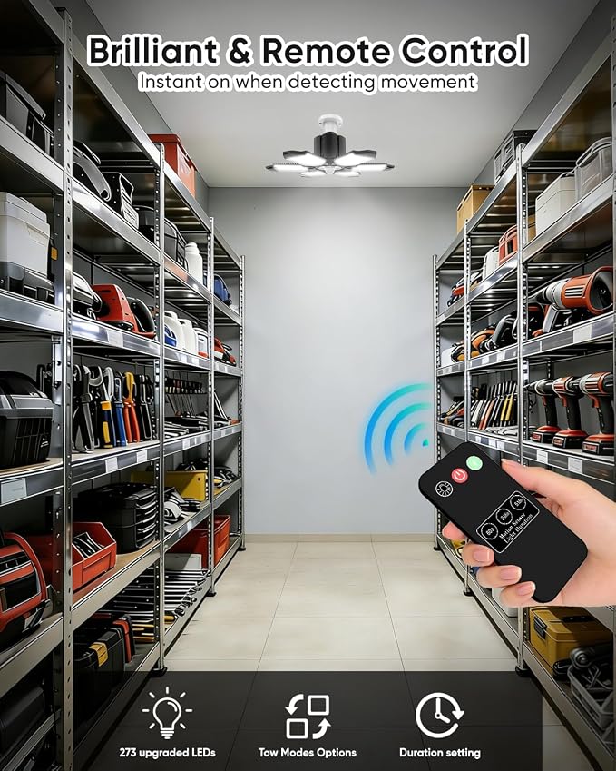 2 Pack Motion Sensor Garage Light with Remote, 20000LM 6500K LED Shop Light | 1/3/5-Min Auto-Off, 6 Deformable Panels, E26 Screw-In, Ultra Bright Wide-Angle Ceiling Light for Garage, Workshop, Basement