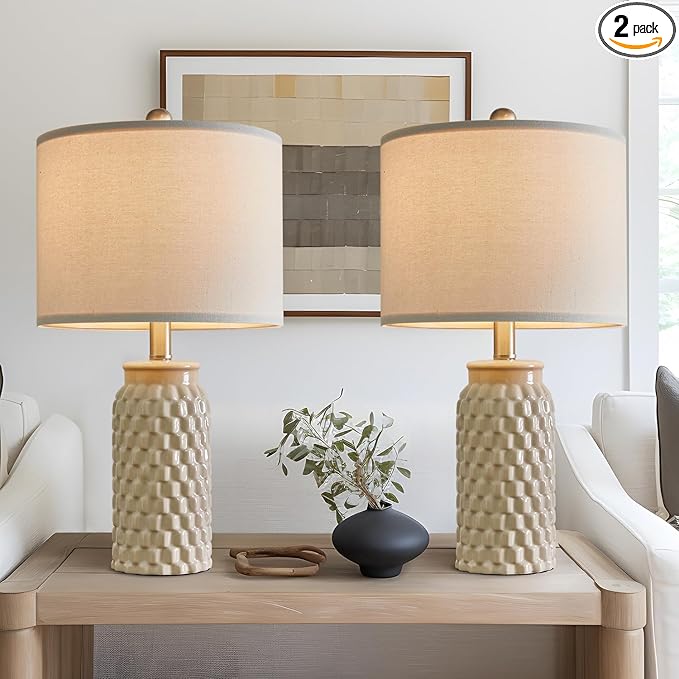 USumkky 20.5" Ceramic Table Lamps Set of 2 - Modern Farmhouse & Boho Style, Bedside Nightstand Lamps for Bedroom, Living Room End Table Lamps, Small Desk Lamp(Cream)