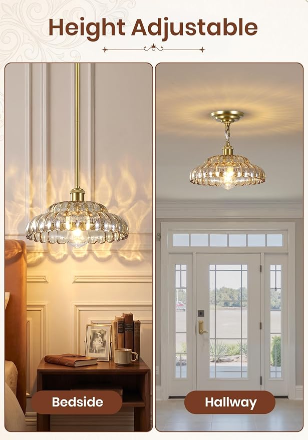 Gold Pendant Light with Glass Shade, Vintage Floral Glass Pendant Lamp for Kitchen Island, Adjustable Hanging Rods Sloped Ceiling Compatible, Living Room Bedroom Hotel-Amber