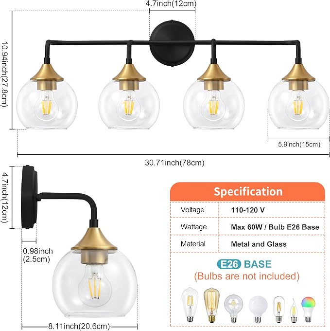 Bathroom Vanity Light 4-Light Black and Gold Vanity Lights 31" | Farmhouse Vanity Lighting Fixtures Over Mirror, Thickened Clear Glass Shade, UL E26 Dimmable Vanity Light Fixtures