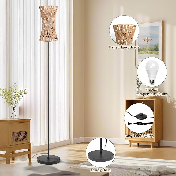 Ruiever Floor Lamp for Living Room,Farmhouse Floor lamp,Modern Standing lamp with Hand-Worked Rattan Shade (Slim Waist Rattan Shade-3 Color Bulb)