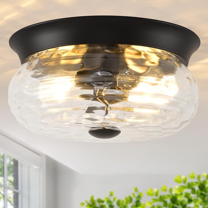 Black Flush Mount Ceiling Light Fixtures, 2-Light Ceiling Mount for Modern with Clear Hammered Glass Shade, Industrial Flush Mount Light Fixture Farmhouse for Hallway Kitchen Bedroom Entryway Foyer