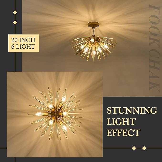 Gold Sputnik Ceiling Light Fixture 6-Light Starburst Chandelier Ceiling Light Mid-Century Modern Satellite Chandelier Solid Metal Urchin Chandeliers for Entry Dining Room Kitchen Sink