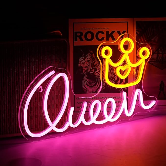 Queen Neon Sign Crown Neon Lights Dimmable USB Powered 16.5’’X9.3’’ Light Up Sign for Girls Room Birthday Party Bedroom Lady Gifts Wall Decor（Pink Yellow）