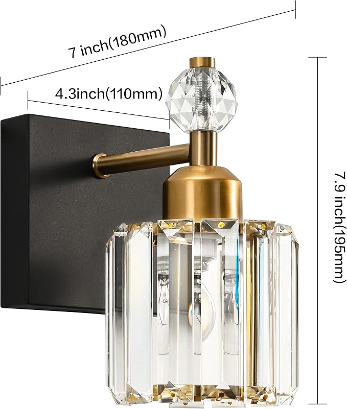 PRESDE 1-Light Bathroom Vanity Light, Modern Black and Gold Wall Sconce with Crystal Shade, Single Wall Lamp for Over Mirror Bedroom Hallway