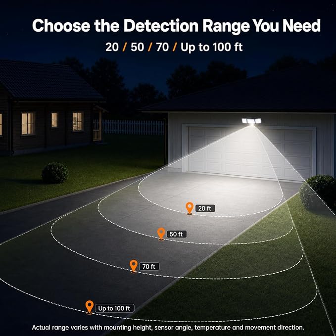 LED Security Light 240° Dual PIR 100 FT Motion Sensor Outdoor | 7000LM Adjustable Brightness, Hardwired Flood Light, 5000K Daylight, Dusk to Dawn, IP65, Easy Install, Garage, Porch, Yard