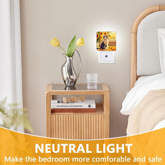 Cute Cat Sunflower Night Light, Plug-into Nightlight White LED Lamp, Energy Efficient Decor Desk Lamp for Bedroom Hallway Stairs Bathroom