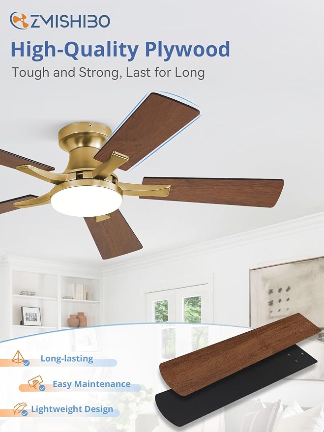 ZMISHIBO 42 Inch Ceiling Fans with Lights, Remote&App Control, Flush Mount | Low Profile, Dimmable 20W LED Light, Quiet Reversible Motor, Strong Airflow, Easy Install for Bedroom/Living Room/Apt, Gold