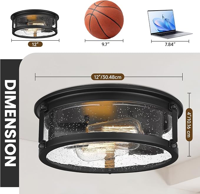 Farmhouse Black Flush Mount Ceiling Light Fixtures with Seeded Glass | Lampshade & Metal Frame, 2-Light Industrial Close to Ceiling Light for Kitchen, Hallway, Entryway, Bedroom, Forer, Entryway