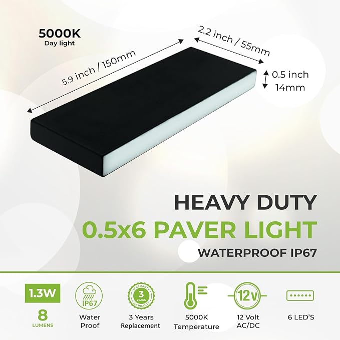 LUMENGY Paver Light Slim 0.5x6 Inch Glare-Free 5000K Daylight Brick Lighting for Pavers, Walls, Driveway, Pathway & Garden, 12V Waterproof, Drive-Over Rated V2